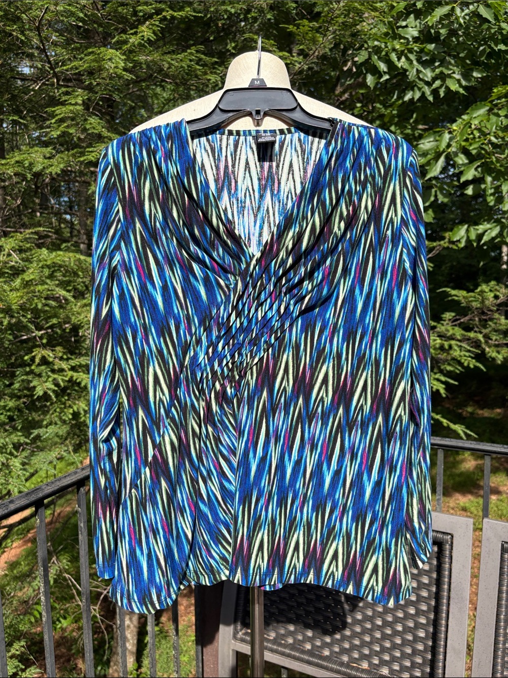Rafaella colorful Blue Patterned V-Neck Long-Sleeve Top sz XL